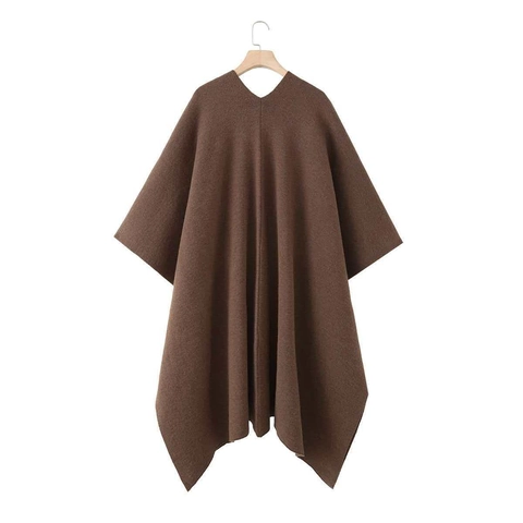 Chaqueta de Punto Elegante para Mujer Abrigo Poncho Largo con Cuello en V y Bolsillos Marrón Oscuro Ropa de Invierno Cálida