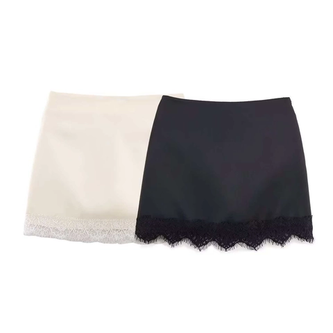 Falda Mini de Satén Elegante Con Borde de Encaje Patchwork Cintura Alta Corte en A Falda Corta para Mujer Fiesta Verano