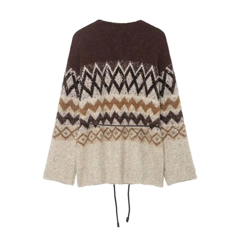 Cardigan in Maglia Jacquard Vintage Con Paillettes E Cintura Scollo a V Manica Lunga Motivo Geometrico Donna Maglione Bohemien