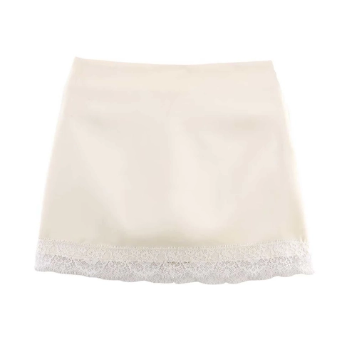 Falda Mini de Satén Elegante Con Borde de Encaje Patchwork Cintura Alta Corte en A Falda Corta para Mujer Fiesta Verano