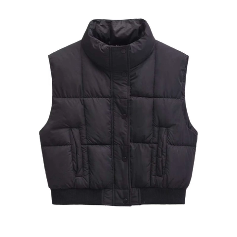 Women Casual Quilted Puffer Vest Stand Collar Zip Up Padded Waistcoat With Pockets Black Short Loose Winter Outerwear