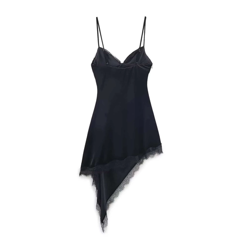 Damen Sexy Asymmetrisch Samt Cami Kleid Elegant Spitze Ärmellos Tiefer V-Ausschnitt Bodycon Party Nacht Midi Kleid