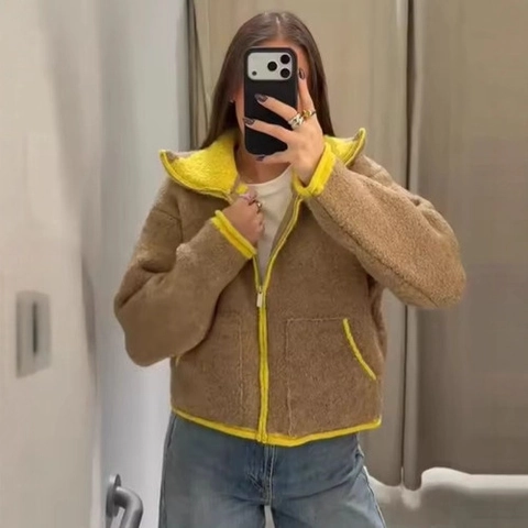 Giacca in Pile di Lana di Agnello Casual da Donna Contrasto Colore Cerniera Collo in Piedi Capispalla Corto Cappotto Invernale