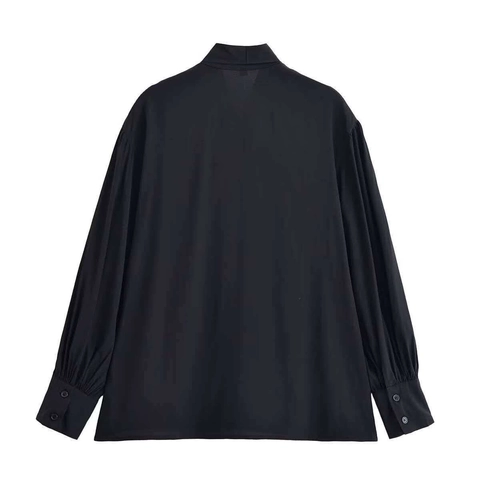 Blusa Elegante con Cuello en V y Lazo para Mujer Manga Larga Color Sólido Holgada de Poliéster