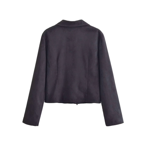 Women's Vintage Suede-Look Blazer Jacket Elegant Solid Black Slim Fit Tie Front Long Sleeve Outerwear Fall Fashion Coat