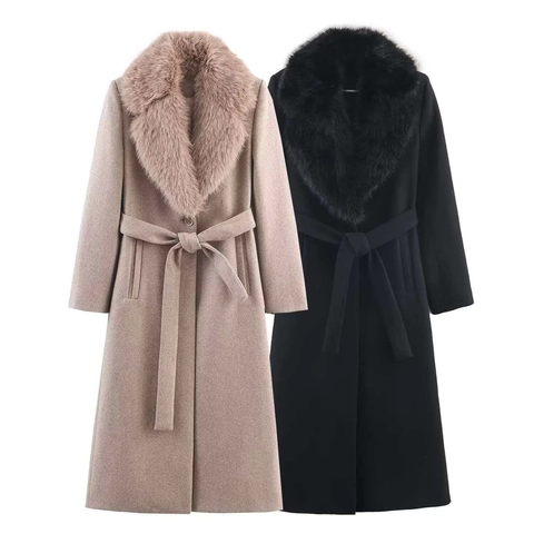 Damen Eleganter Extra Langer Wollmantel Mit Kunstpelzkragen Gürtel Slim Fit Winter Warmer Übermantel Jacke
