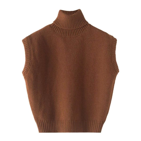 Gilet en Maille Col Haut pour Femmes Mélange de Cachemire Doux Pullover Sans Manches Nervuré Couleur Unie Style Commuter Haut