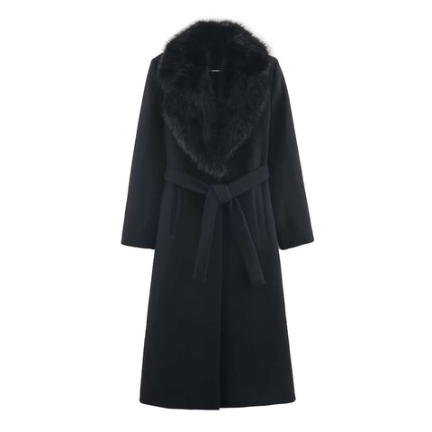 Damen Eleganter Extra Langer Wollmantel Mit Kunstpelzkragen Gürtel Slim Fit Winter Warmer Übermantel Jacke