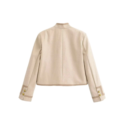 Veste Blazer Courte Vintage pour Femme Col Montant Style Militaire Rétro Passepoil Contrasté Bouton Doré Beige Clair