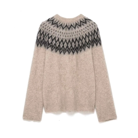 Suéter de Punto Fair Isle Vintage para Mujer Retro Manga Larga Cuello Redondo Pullover Jacquard Avena Textura Mohair Casual