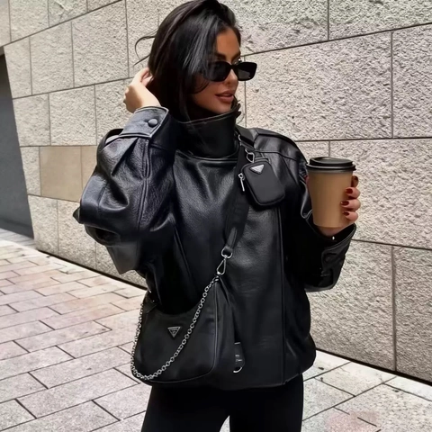Veste en Similicuir Vintage pour Femme Col Montant Motif Litchi Manches Longues Mode Courte Streetwear Blouson Biker