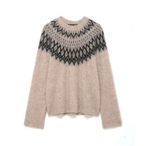 Suéter de Punto Fair Isle Vintage para Mujer Retro Manga Larga Cuello Redondo Pullover Jacquard Avena Textura Mohair Casual