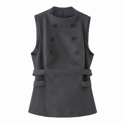 Women's Elegant Double Breasted Sleeveless Suit Vest Dark Gray Round Neck Cut Out Side Waistcoat With Hidden Back Zipper Office Lady Top
