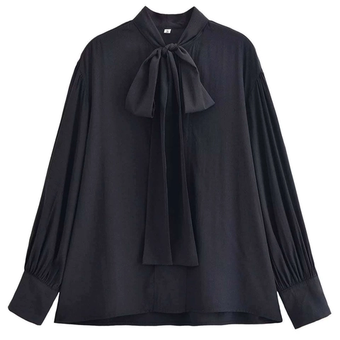 Blusa Elegante con Cuello en V y Lazo para Mujer Manga Larga Color Sólido Holgada de Poliéster
