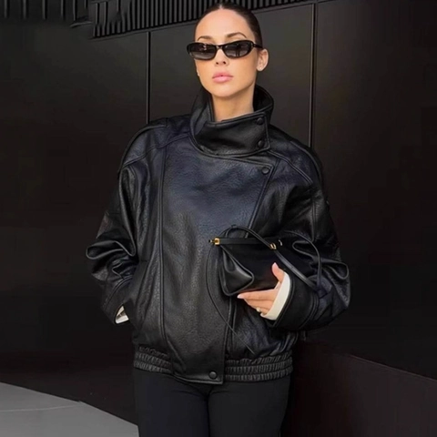 Veste en Similicuir Vintage pour Femme Col Montant Motif Litchi Manches Longues Mode Courte Streetwear Blouson Biker