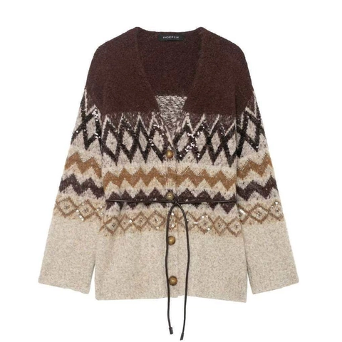 Cardigan in Maglia Jacquard Vintage Con Paillettes E Cintura Scollo a V Manica Lunga Motivo Geometrico Donna Maglione Bohemien