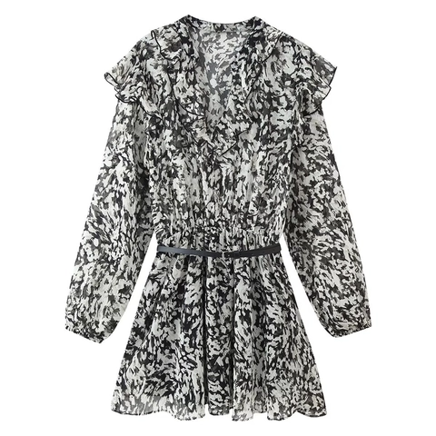Damen Elegant Abstrakt Tinte Druck Rüschen V-Ausschnitt Mini Kleid Mit Gürtel Langarm Chiffon A-Linie Partykleid