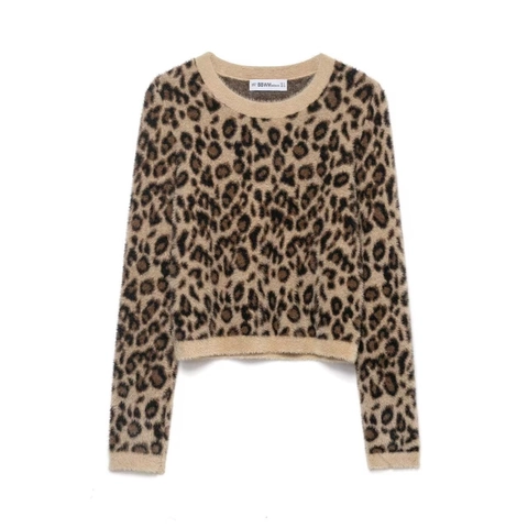 Dames Luipaardprint Ronde Hals Lange Mouw Gebreide Trui Faux Mink Bont Pluche Losjes Casual Herfst Korte Pullover Top