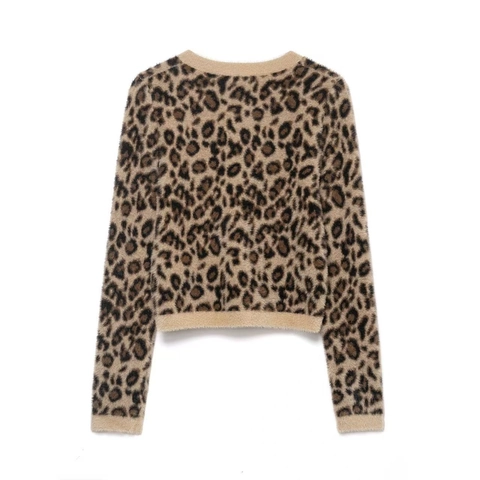 Dames Luipaardprint Ronde Hals Lange Mouw Gebreide Trui Faux Mink Bont Pluche Losjes Casual Herfst Korte Pullover Top