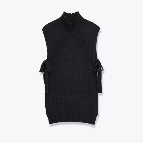 Women Fashion Mock Neck Knit Vest Sleeveless Side Bow Tie Slit Design Loose Fit Solid Color Autumn Winter Sweater Top