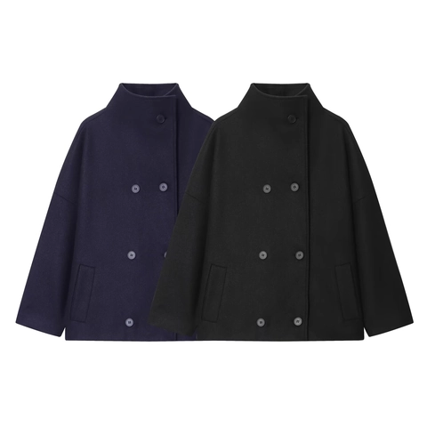 Dames Casual Polyester Wollen Jas Double-breasted Opstaande Kraag Kort Jasje Effen Kleur Losse Pasvorm Herfst Bovenkleding