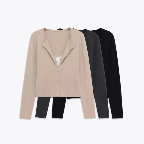 Cardigan en Tricot Élégant pour Femmes Avec Patchwork en Dentelle Col en V Manches Longues Simple Boutonnage Pull Uni