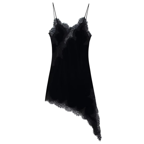 Damen Schwarz Samt Spitze Midi Kleid Elegant Asymmetrisch Schräger Saum V-Ausschnitt Ärmellos Träger Partykleid