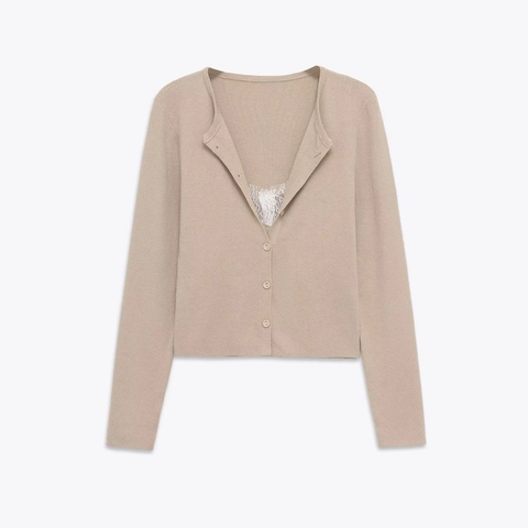 Cardigan en Tricot Élégant pour Femmes Avec Patchwork en Dentelle Col en V Manches Longues Simple Boutonnage Pull Uni