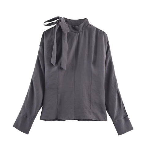 Women Satin Bow Tie Blouse Elegant Stand Collar Long Sleeve Shirt For Office Ladies Charcoal Gray Chic Pullover Top Professional Wear