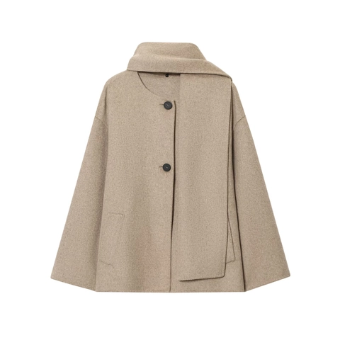 Elegante Abrigo Corto de Aspecto de Lana en Color Sólido Cuello Redondo Con Bufanda Bolsillo Monopetto Ropa Exterior Línea A Mujer