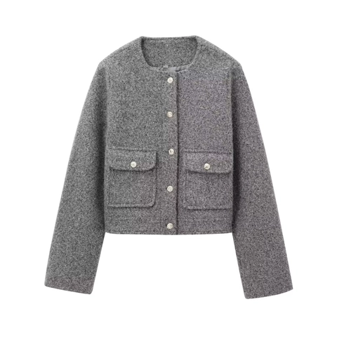 Giacca Corta in Tweed Grigia da Donna Bottoni Dorati Girocollo Manica Lunga Abbigliamento Esterno Casual Elegante Moda Donna