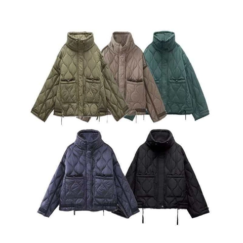 Cappotto Invernale da Donna Trapuntato Imbottito Vestibilità Larga Collo in Piedi Tinta Unita Antivento con Tasche