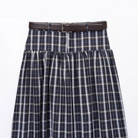 Vintage Marineblau Kariert Midirock A-Linie Mit Braunem Gürtel Hohe Taille Casual Büro Damen Rock Für Frauen