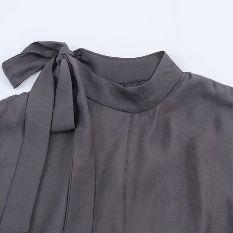 Women Satin Bow Tie Blouse Elegant Stand Collar Long Sleeve Shirt For Office Ladies Charcoal Gray Chic Pullover Top Professional Wear