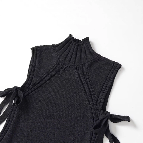 Women Fashion Mock Neck Knit Vest Sleeveless Side Bow Tie Slit Design Loose Fit Solid Color Autumn Winter Sweater Top