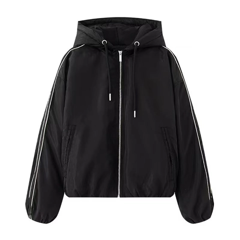 Chaqueta Bomber con Capucha Casual para Mujer Forro Acolchado Manga con Rayas en Contraste Cremallera Ropa de Abrigo Cortavientos Abrigo de Otoño