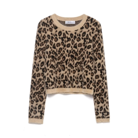Pull Femme Imprimé Léopard en Fausse Fourrure Coupe Slim Tricoté Manches Longues Col en U Streetwear Mode Haut Doux