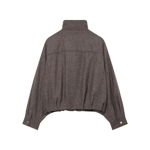 Women's Casual Loose Herringbone Bomber Jacket Autumn Winter Stand Collar Oversized Cargo Outwear Top