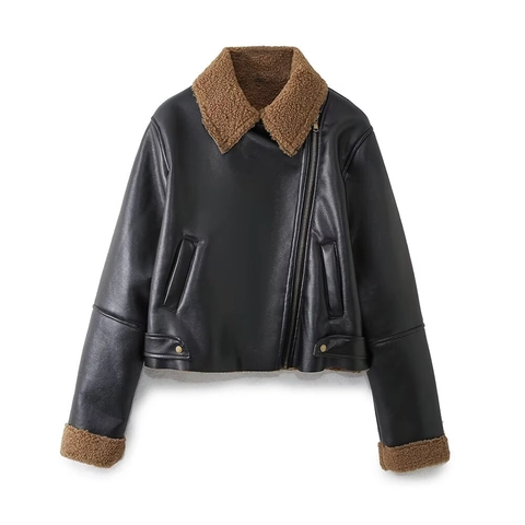 Giacca Biker in Ecopelle Vintage da Donna Con Collo in Finta Lana di Agnello Marrone Cappotto Invernale Moto Caldo Nero