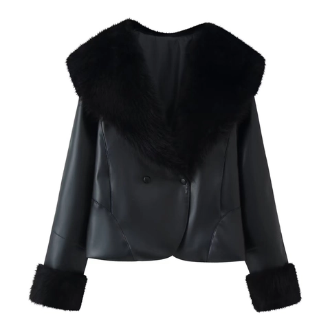 Dames Kunstleer Patchwork Nepbont Jas Winter Warm Double Breasted Kort Jasje Met Vetering Achterzijde Gothic Stijl