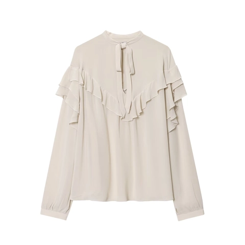 Dames Elegante Chiffon Blouse met Ruffles en Strikje Lange Mouw Effen Kleur Losse Top voor Dagelijks Kantoor Feest