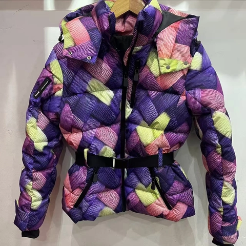Women Colorful Geometric Woven Print Hooded Puffer Jacket With Belt Winter Warm Ski Coat Mid-Length Fashion Padded Outerwear