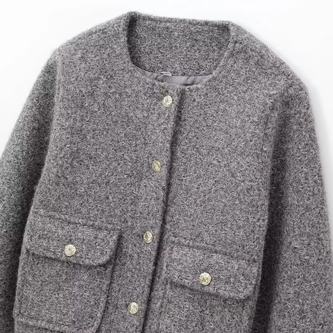 Giacca Corta in Tweed Grigia da Donna Bottoni Dorati Girocollo Manica Lunga Abbigliamento Esterno Casual Elegante Moda Donna