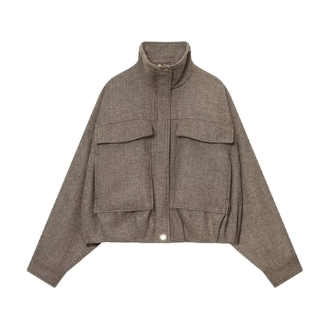 Veste Bombardier Décontractée à Chevrons pour Femmes Col Montant Manches Longues Zippée Manteau Court Ample avec Grandes Poches
