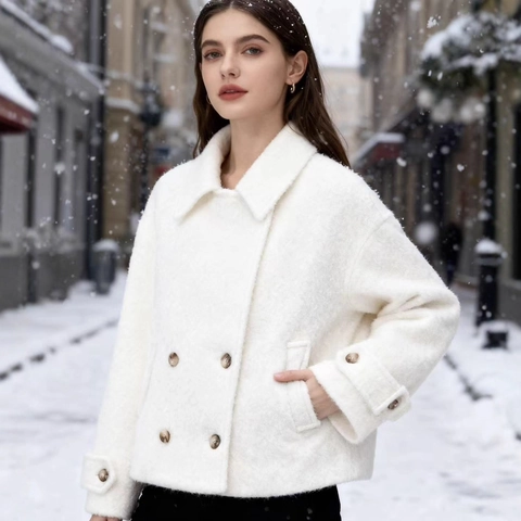 Elegante Double Breasted Teddy Fleecejas Dames Kort Revers Losjes Winter Warm Bovenkleding Effen Kleur Wit