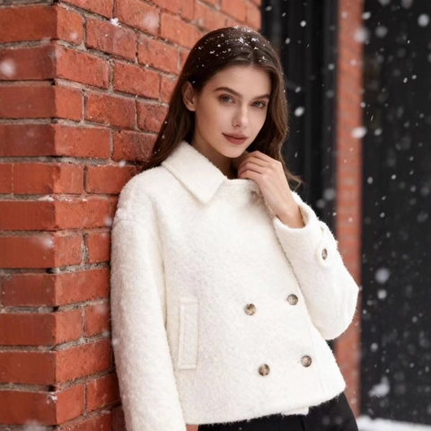 Elegante Double Breasted Teddy Fleecejas Dames Kort Revers Losjes Winter Warm Bovenkleding Effen Kleur Wit
