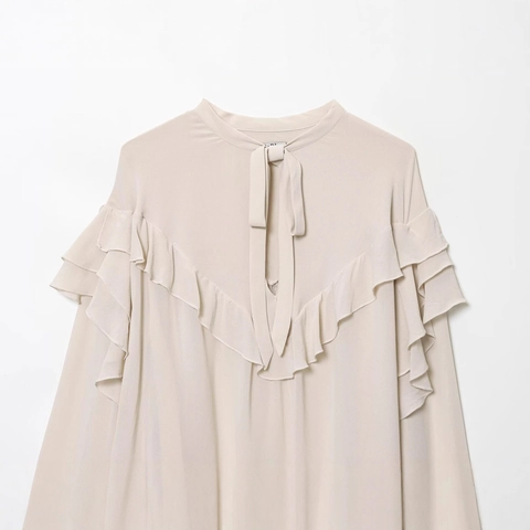 Dames Elegante Chiffon Blouse met Ruffles en Strikje Lange Mouw Effen Kleur Losse Top voor Dagelijks Kantoor Feest
