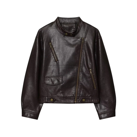 Women Casual PU Faux Leather Biker Jacket Stand Collar Asymmetric Zipper Cropped Motorcycle Jacket Outerwear Punk Coat