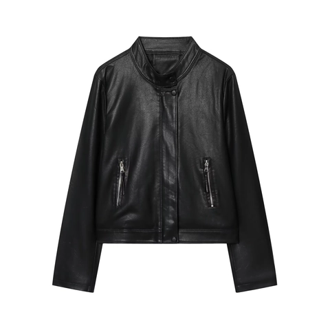 Dames Imitatieleer Jas Staande Kraag Kort Slim Fit Moto Biker Jas Met Ritszakken Effen Kleur Casual PU Bovenkleding