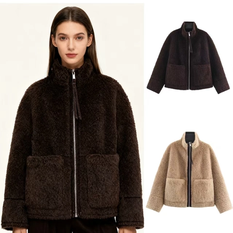 Dames Nepbont Opstaande Kraag Jas Lange Mouw Rits Mantel Met Grote Zakken Effen Kleur Losse Warme Winterkleding
